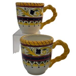 Dario Farrucci Designs Ceramic Mugs, Twisted Handle Yellow Folk Floral Set VTG